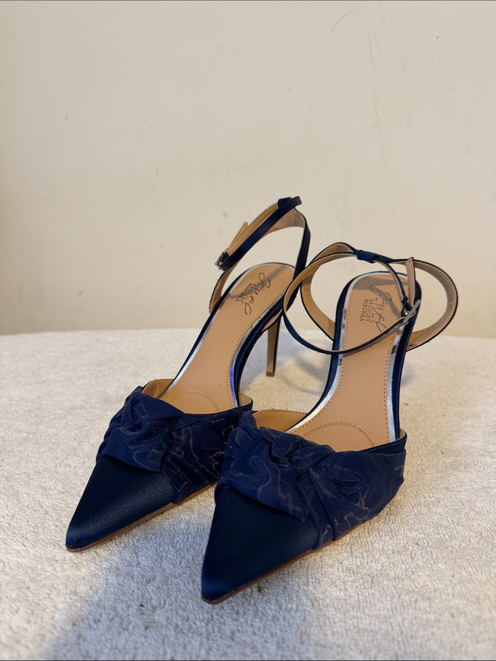 Jewel By Bagley Mishka Navy Satin Pointed Toe Ankle-Strap Heels with Bow Accent
